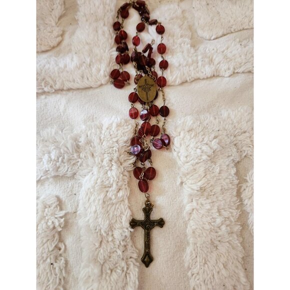 Vintage Red Glass Rosary Necklace – Bronze Cross & Medal - Picture 7 of 10
